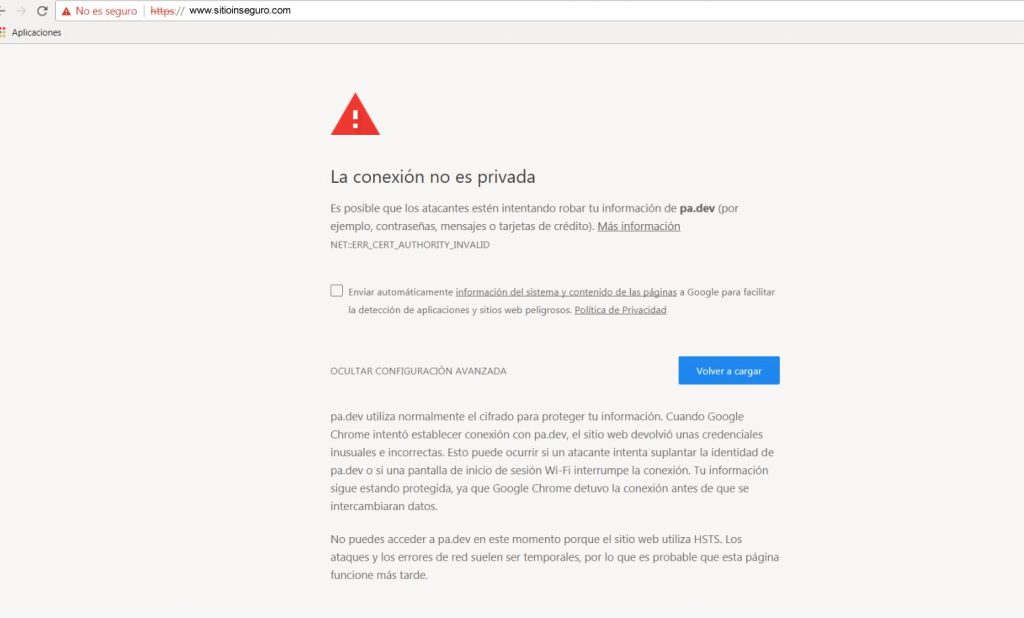 conexión no privada - sitio web no seguro SSL